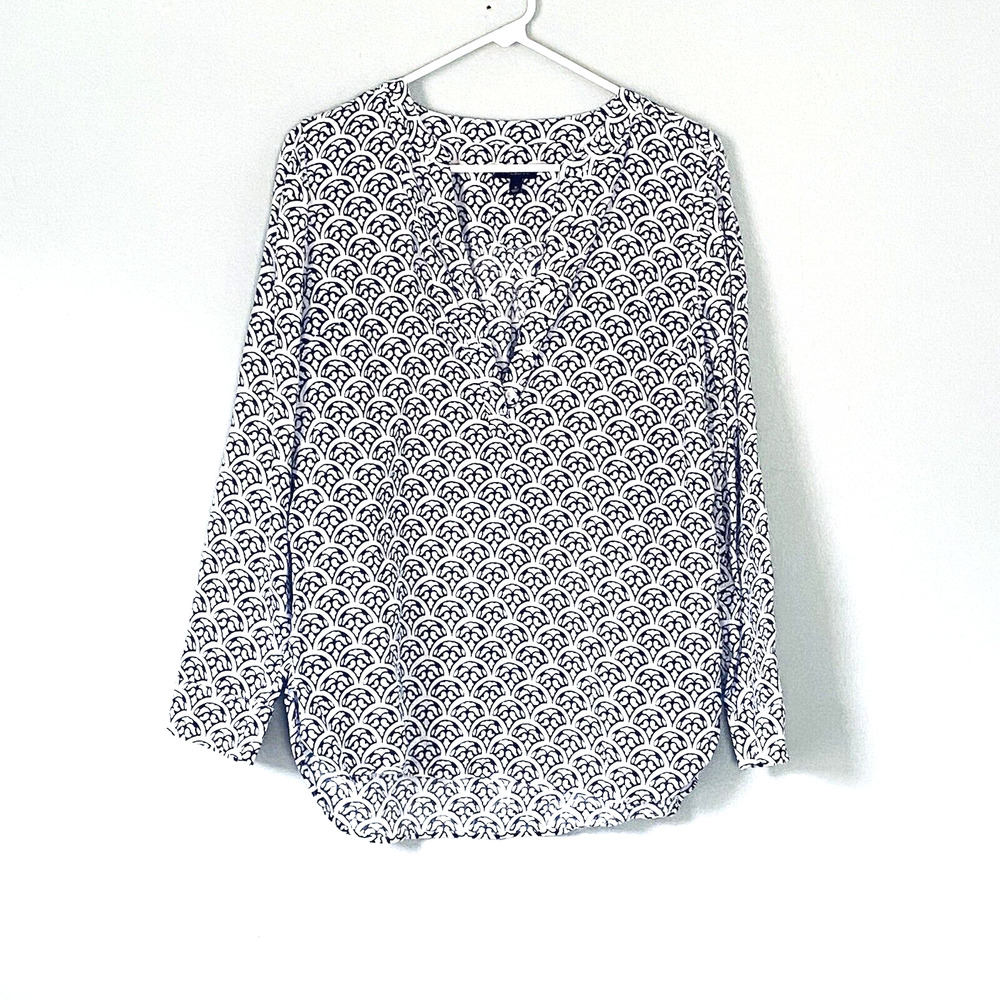 Talbots Top Size Small Blue White Print Tunic 100% Linen Lagenlook Coastal